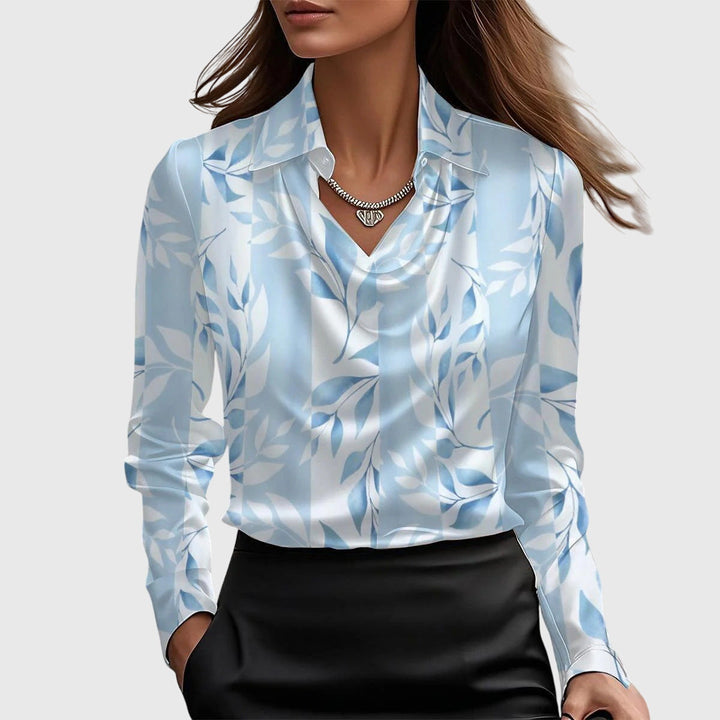 Dames Draped Elegante Blouse in lichtblauw bloemenprint, Verfijnde Hals