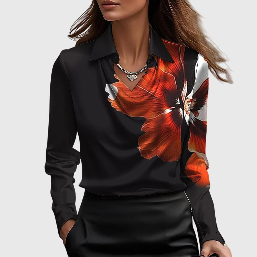 Dames Draped Elegante Blouse in zwart rood, Verfijnde Hals