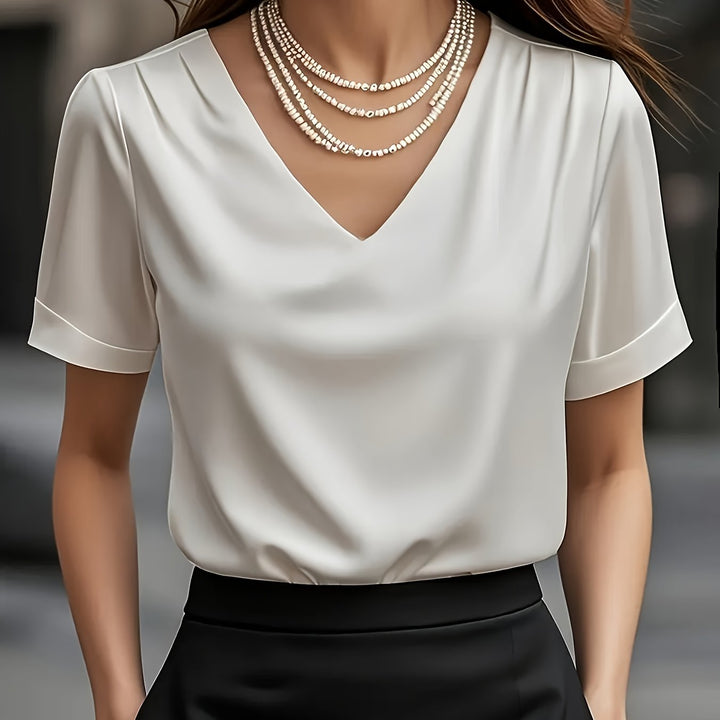 Dames Draped V-Hals Blouse in wit, Elegante Draping