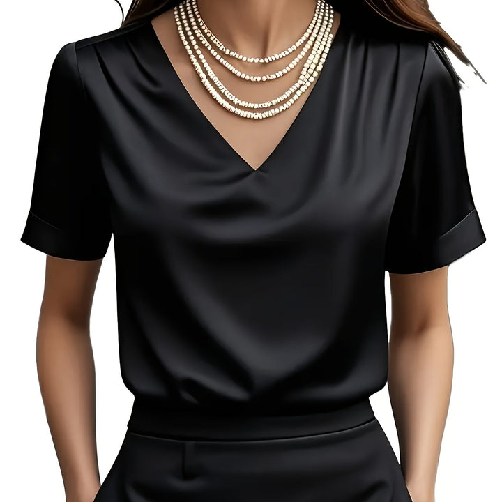 Dames Draped V-Hals Blouse in zwart, Elegante Draping