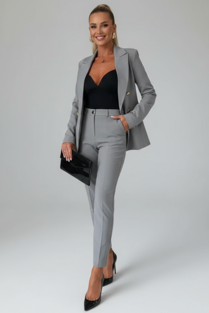 Dames Dubbelrij Blazer Pak in grijs, Elegant Tweedelig Set