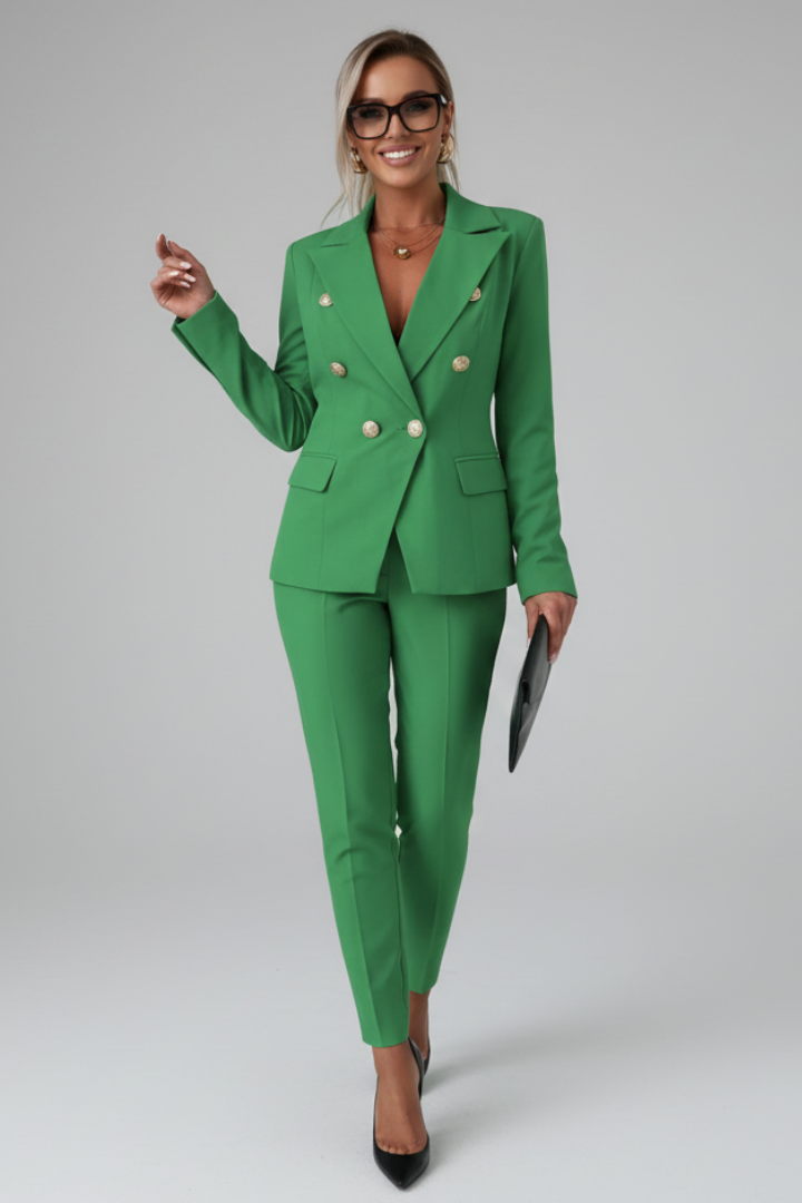 Dames Dubbelrij Blazer Pak in groen, Elegant Tweedelig Set