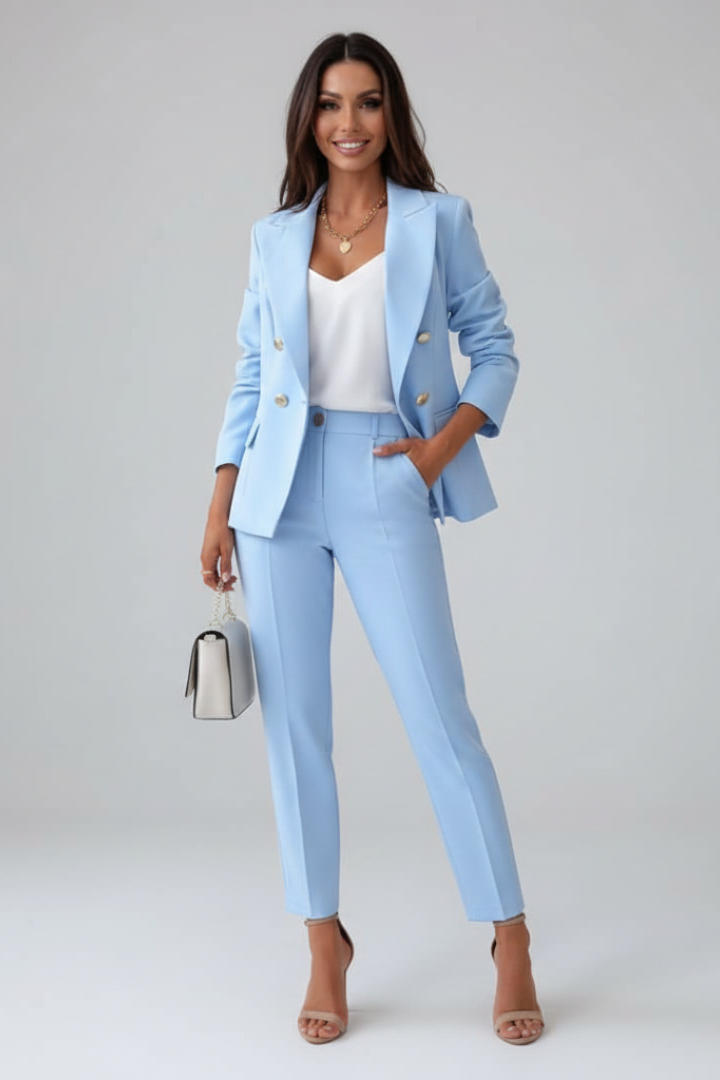 Dames Dubbelrij Blazer Pak in lichtblauw, Elegant Tweedelig Set