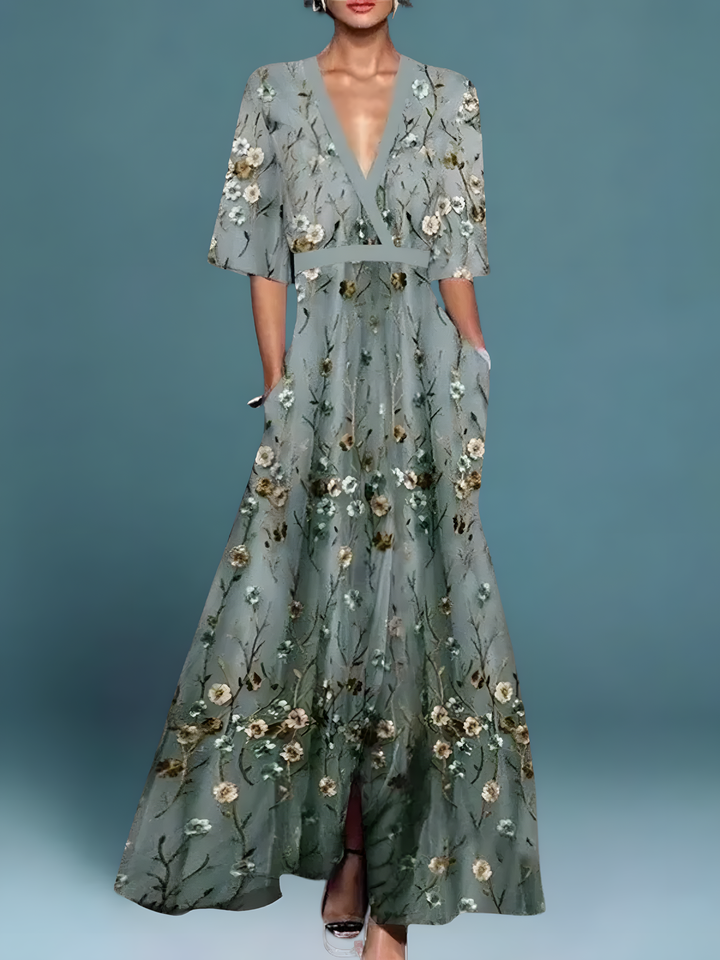 Dames elegante V-hals jurk met bloemenprint - Klassieke stijl - Groen