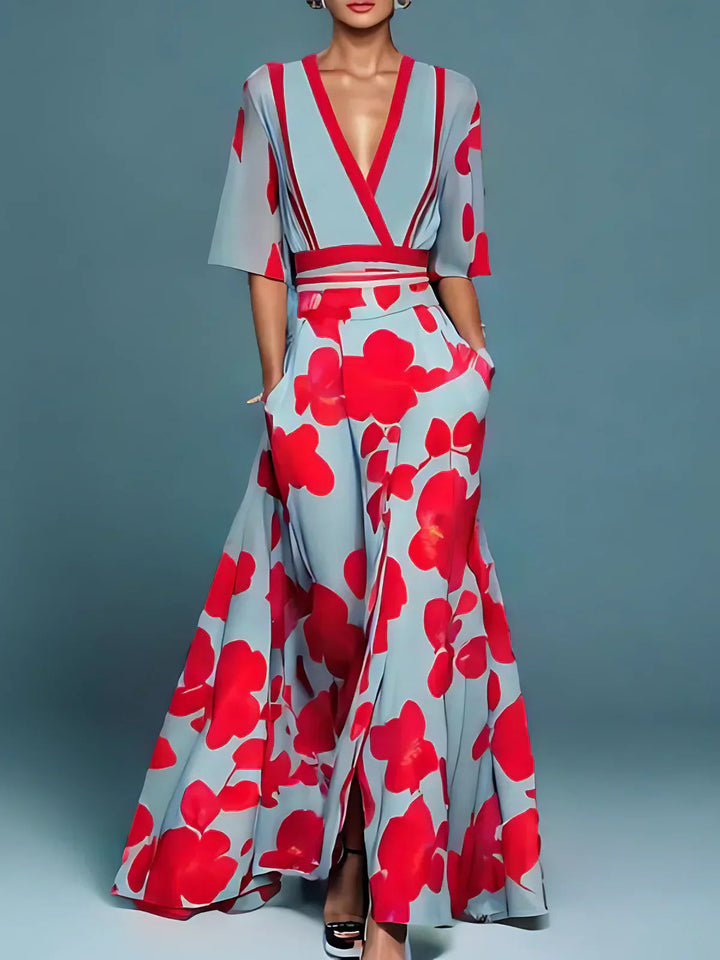 Dames elegante V-hals jurk met bloemenprint - Klassieke stijl - Rood