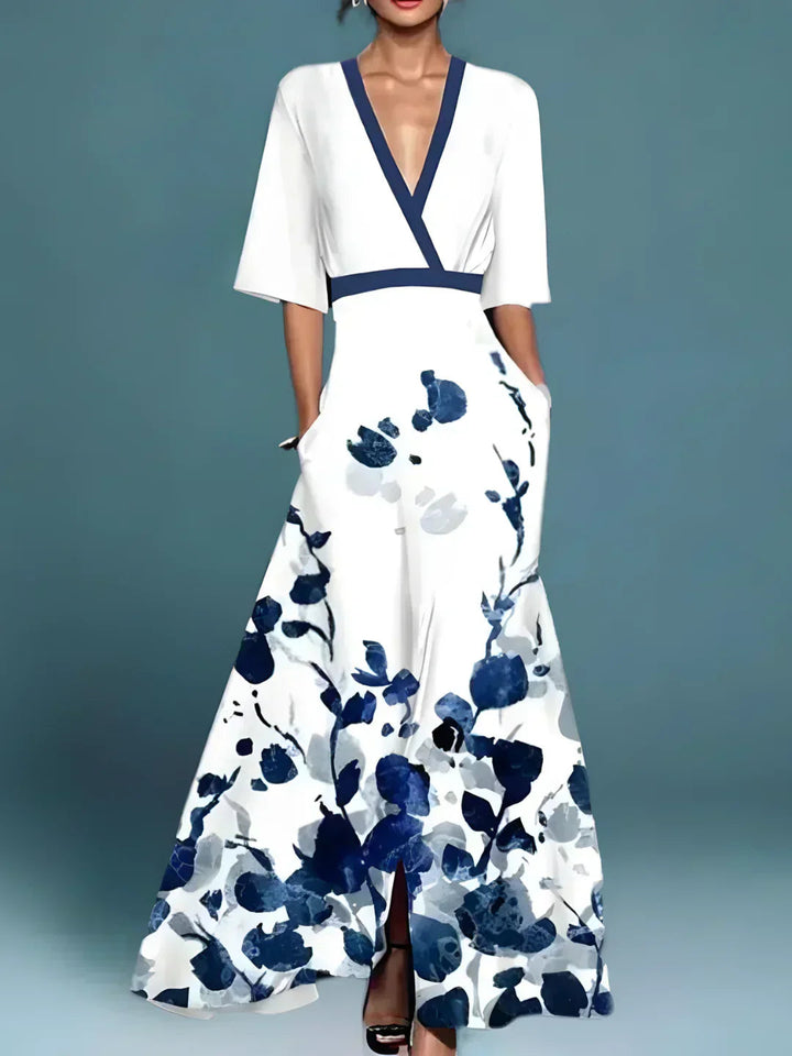 Dames elegante V-hals jurk met bloemenprint - Klassieke stijl - Wit