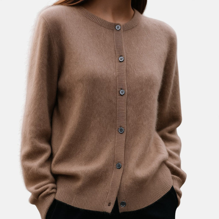 Dames fijngebreide knoopvest in bruin, klassieke cardigan
