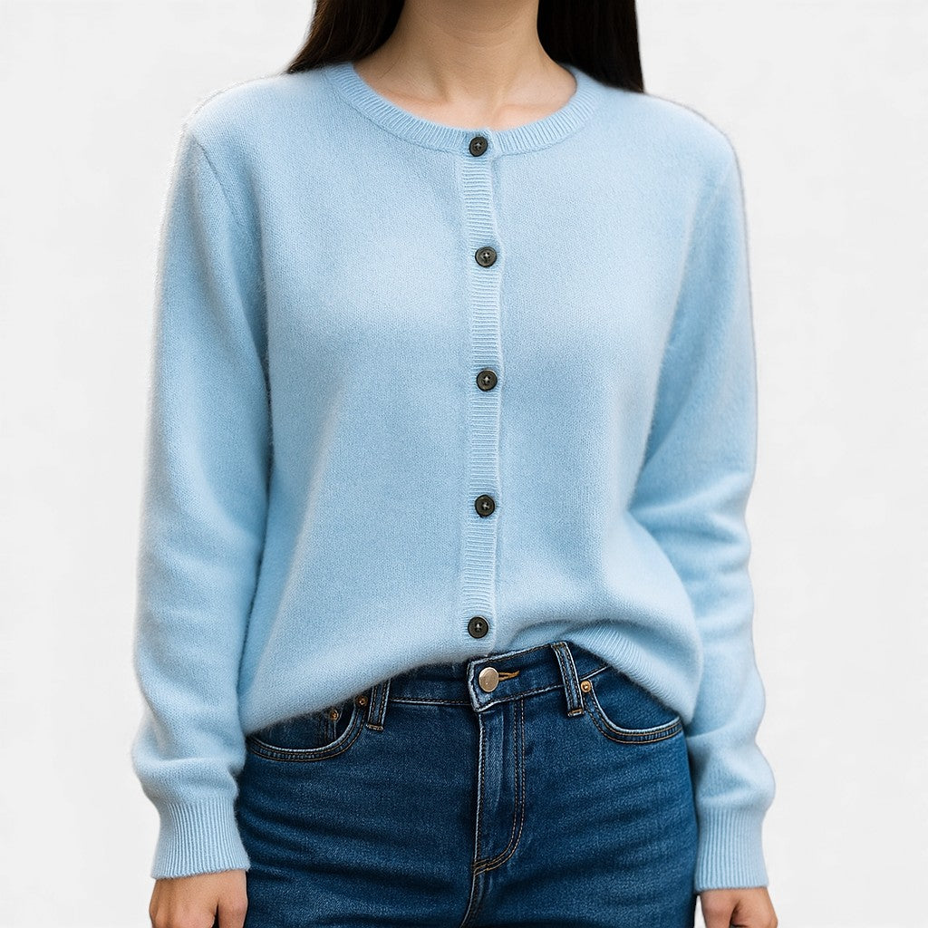 Dames fijngebreide knoopvest in hemelsblauw, klassieke cardigan
