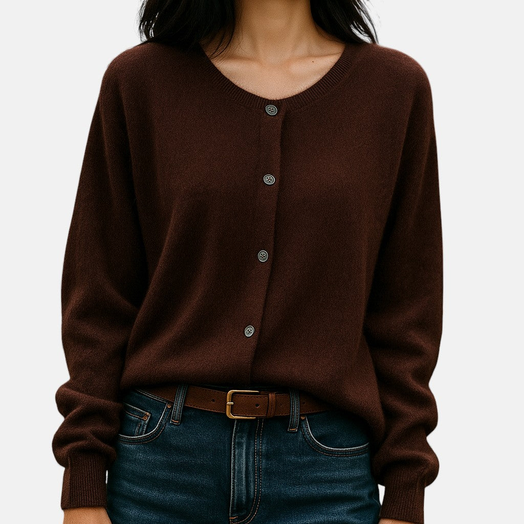 Dames fijngebreide knoopvest in koffie, klassieke cardigan