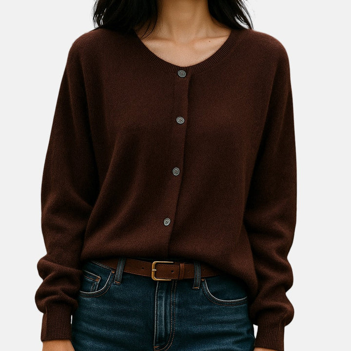 Dames fijngebreide knoopvest in koffie, klassieke cardigan