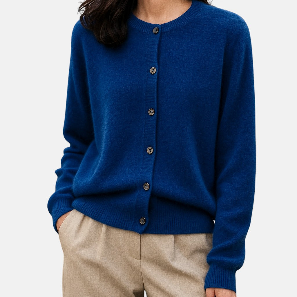 Dames fijngebreide knoopvest in marineblauw, klassieke cardigan