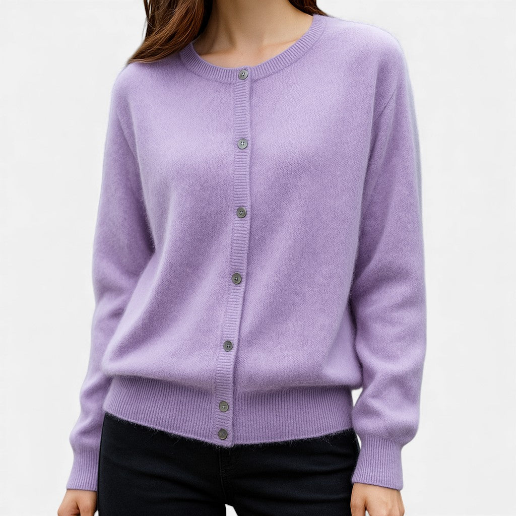 Dames fijngebreide knoopvest in paars, klassieke cardigan