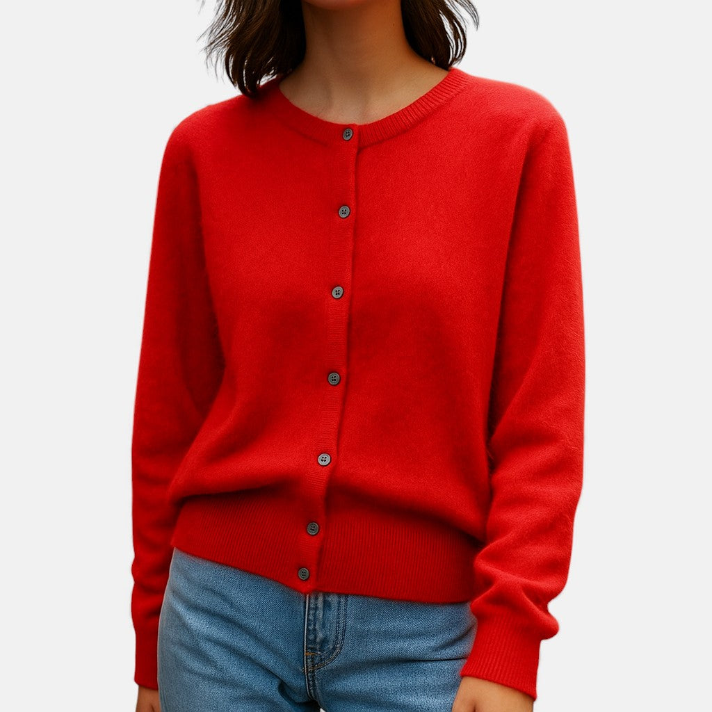 Dames fijngebreide knoopvest in rood, klassieke cardigan