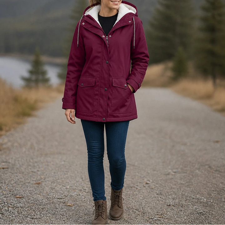 Dames fleece gevoerde winterjas met capuchon in bourgondisch, Windbestendig