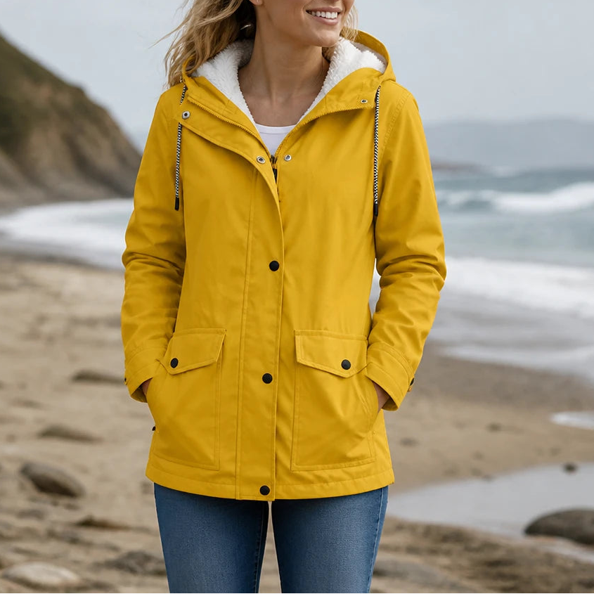 Dames fleece gevoerde winterjas met capuchon in geel, Windbestendig