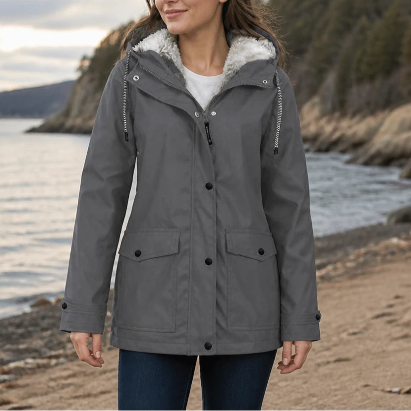 Dames fleece gevoerde winterjas met capuchon in grijs, Windbestendig