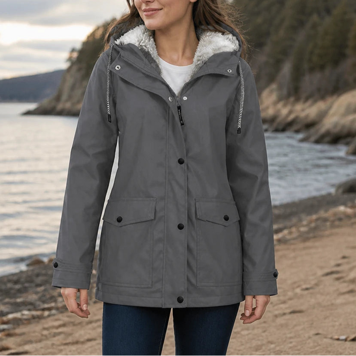Dames fleece gevoerde winterjas met capuchon in grijs, Windbestendig