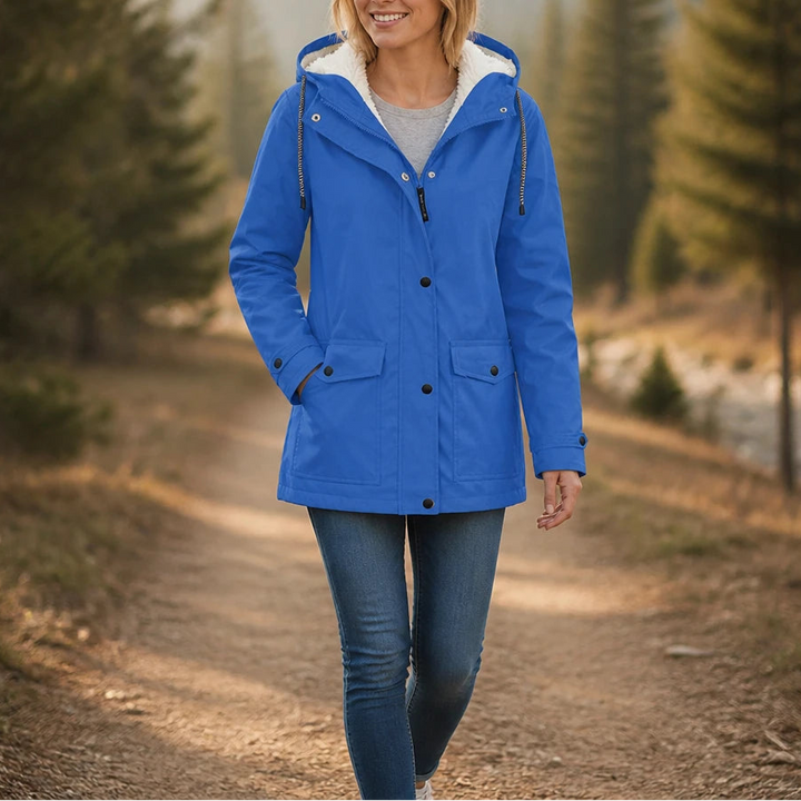 Dames fleece gevoerde winterjas met capuchon in hemelsblauw, Windbestendig