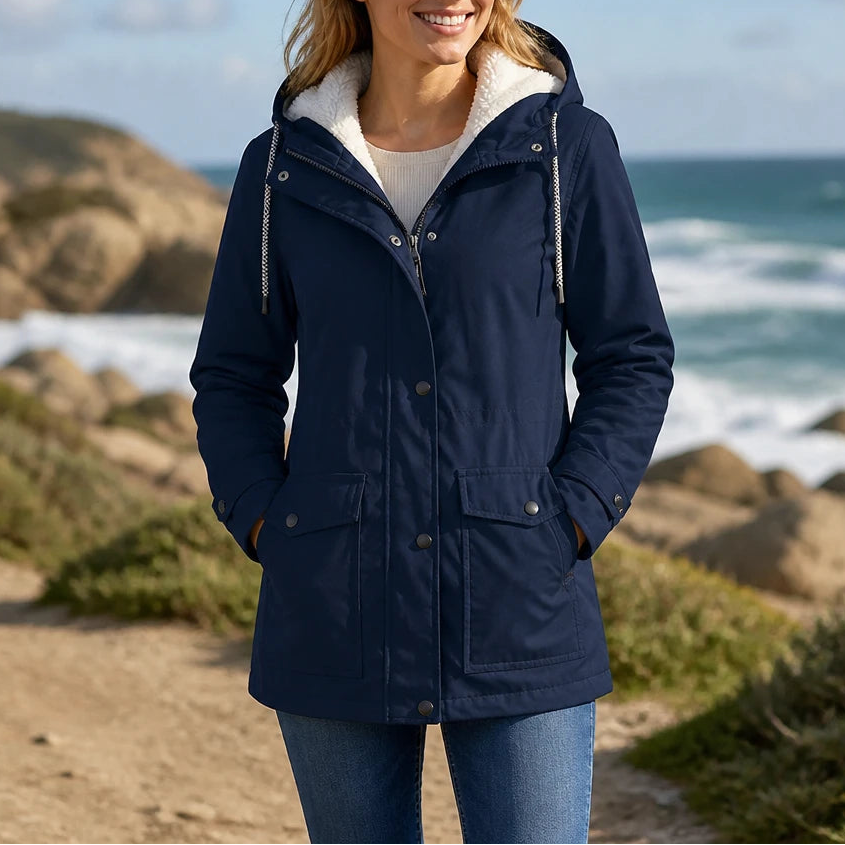 Dames fleece gevoerde winterjas met capuchon in marineblauw, Windbestendig