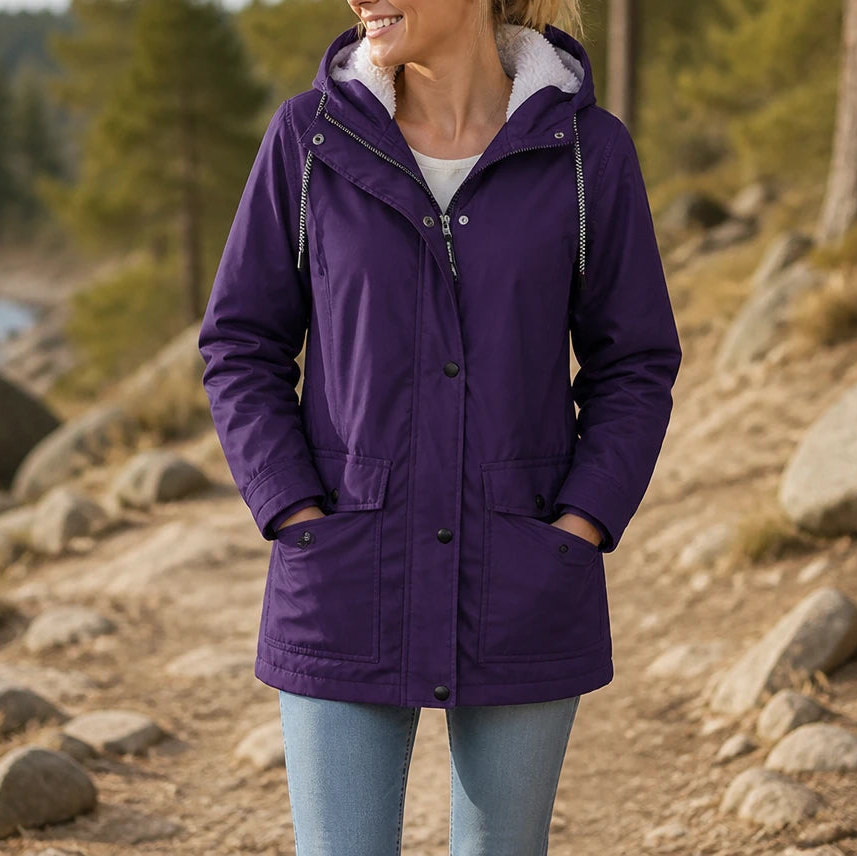 Dames fleece gevoerde winterjas met capuchon in paars, Windbestendig
