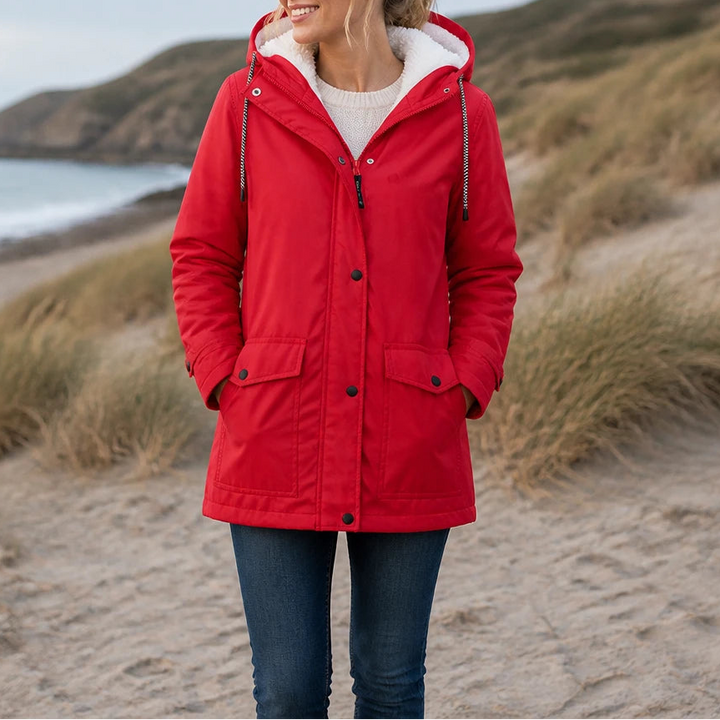 Dames fleece gevoerde winterjas met capuchon in rood, Windbestendig