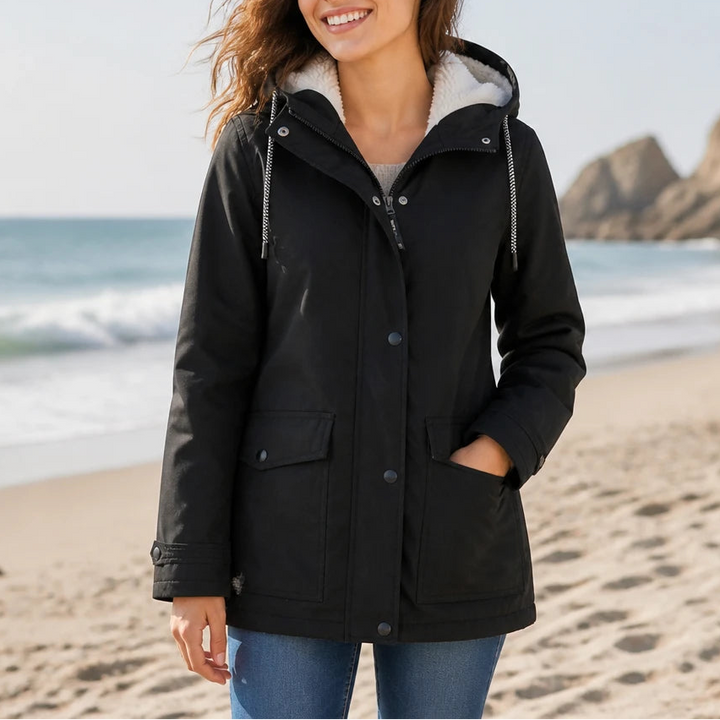 Dames fleece gevoerde winterjas met capuchon in zwart, Windbestendig