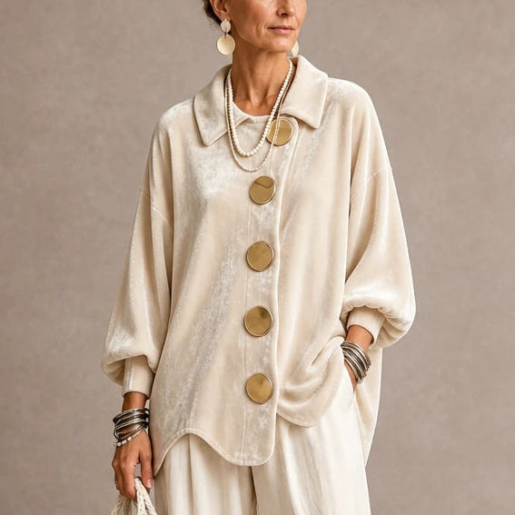 Dames Fluweel Blouse met Goudkleurige Knopen in beige, Elegant