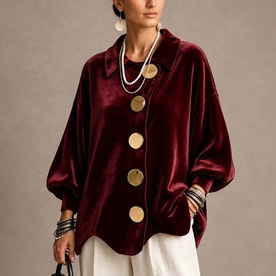 Dames Fluweel Blouse met Goudkleurige Knopen in bourgondisch, Elegant