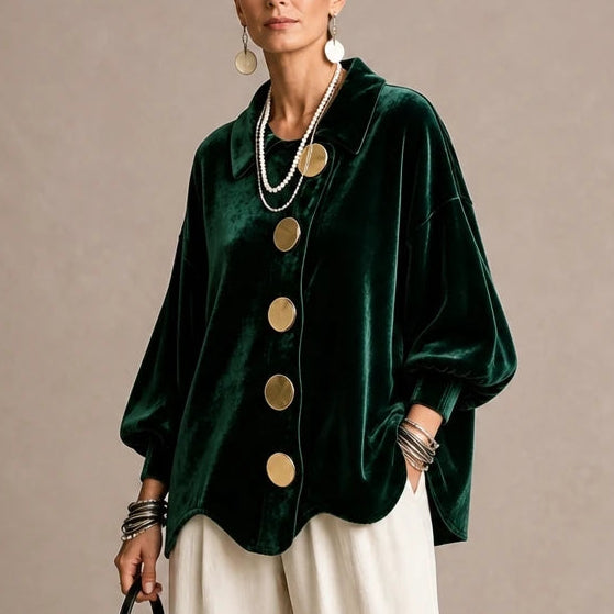 Dames Fluweel Blouse met Goudkleurige Knopen in groen, Elegant