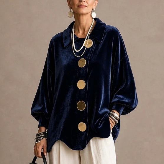Dames Fluweel Blouse met Goudkleurige Knopen in marineblauw, Elegant