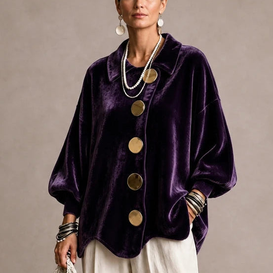 Dames Fluweel Blouse met Goudkleurige Knopen in paars, Elegant
