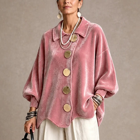Dames Fluweel Blouse met Goudkleurige Knopen in roze, Elegant