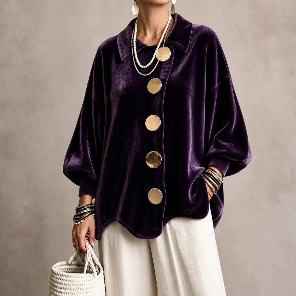 Dames Fluweel Blouse met Goudkleurige Knopen - Elegant