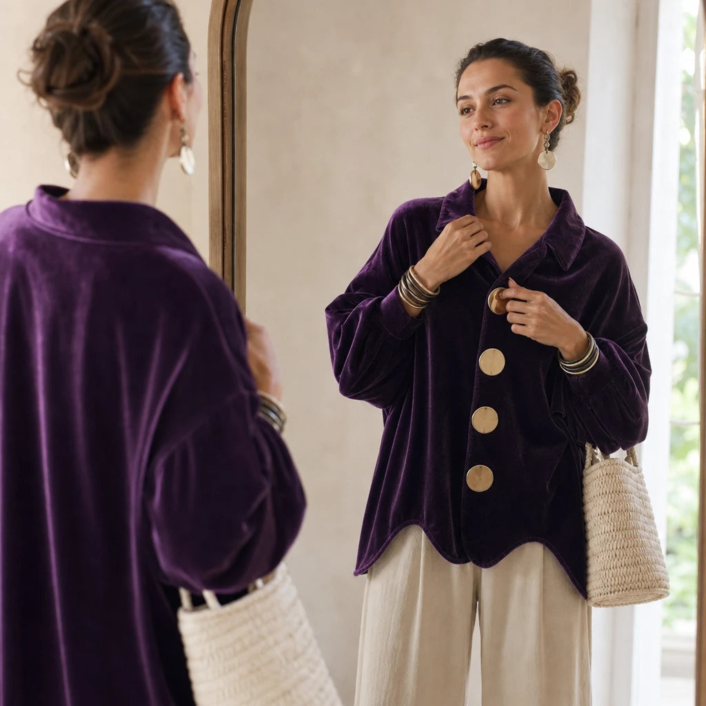 Dames Fluweel Blouse met Goudkleurige Knopen - Elegant
