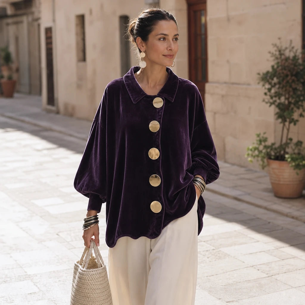 Dames Fluweel Blouse met Goudkleurige Knopen - Elegant