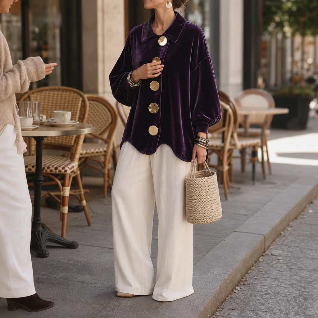 Dames Fluweel Blouse met Goudkleurige Knopen - Elegant