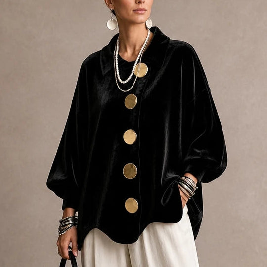 Dames Fluweel Blouse met Goudkleurige Knopen in zwart, Elegant