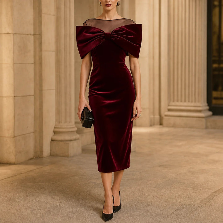 Dames Fluweel Midi Jurk met Strik in bourgondië, Elegante Off-Shoulder