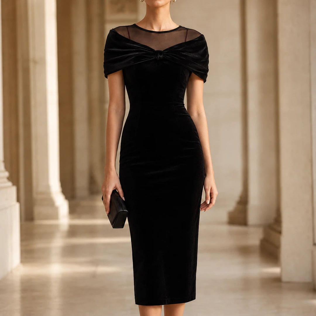 Dames Fluweel Midi Jurk met Strik - Elegante Off-Shoulder