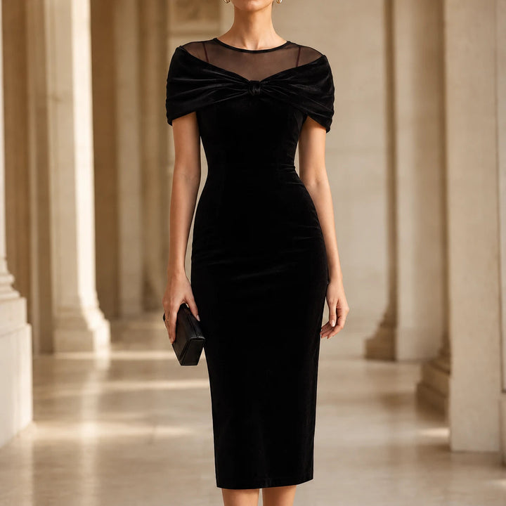 Dames Fluweel Midi Jurk met Strik - Elegante Off-Shoulder