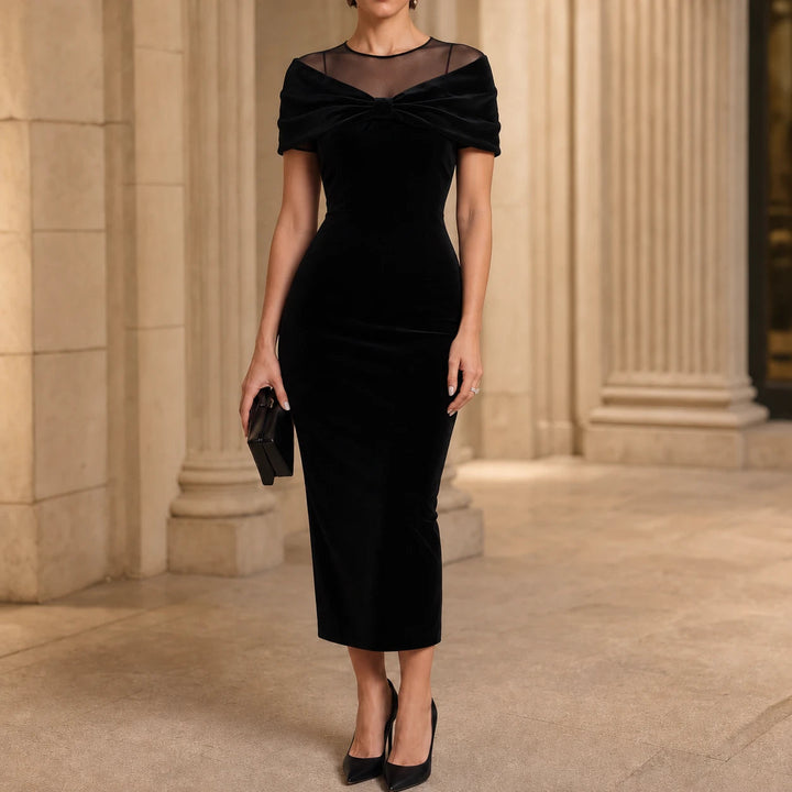 Dames Fluweel Midi Jurk met Strik - Elegante Off-Shoulder