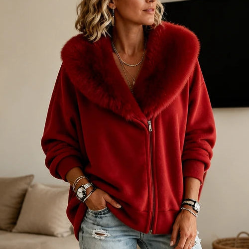 Dames Fluweel Nepbont Kraag Ritsjack in rood, Casual