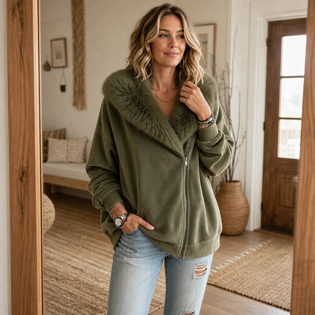 Dames Fluweel Nepbont Kraag Ritsjack - Casual