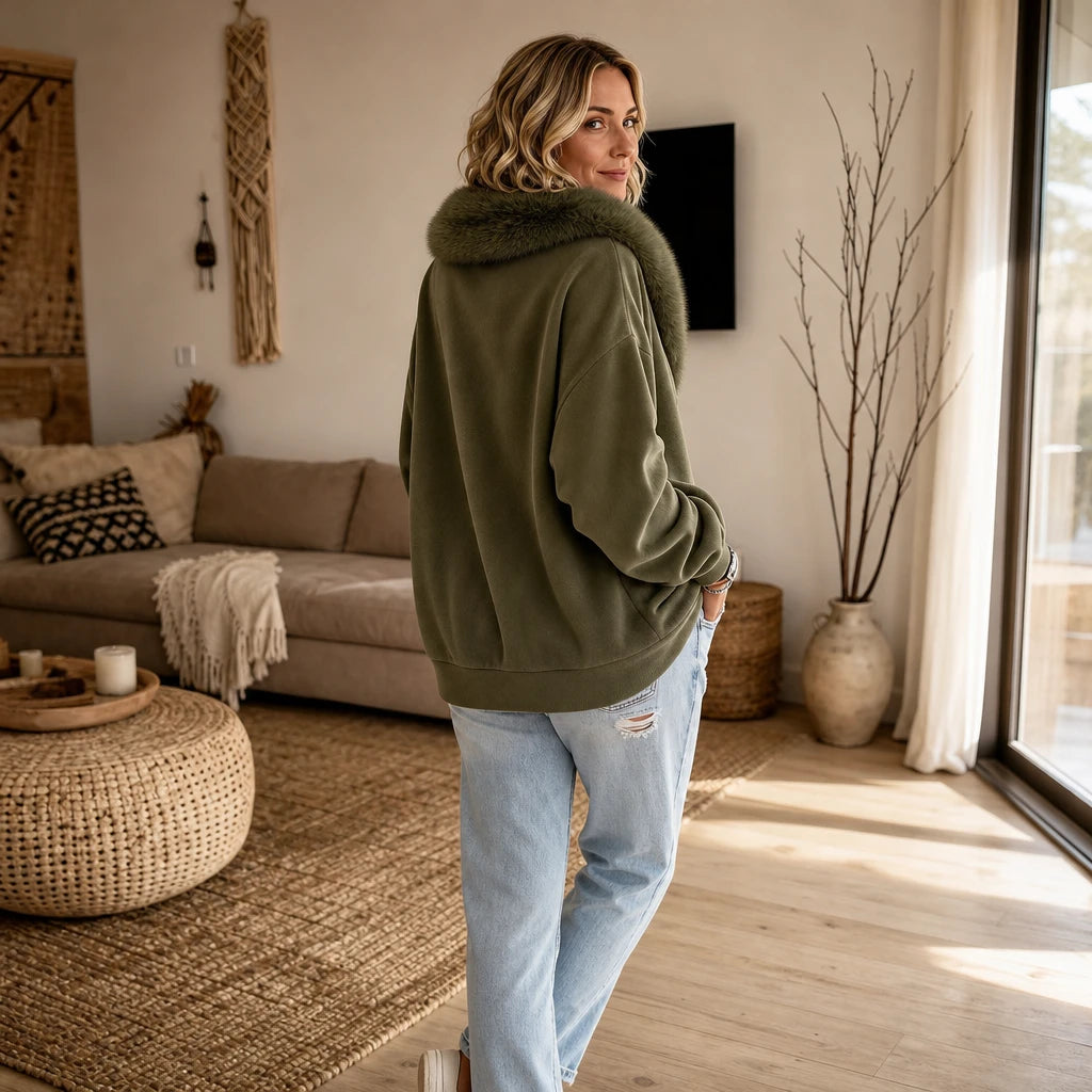 Dames Fluweel Nepbont Kraag Ritsjack - Casual
