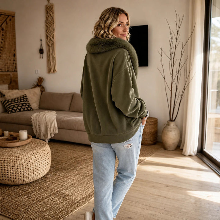Dames Fluweel Nepbont Kraag Ritsjack - Casual