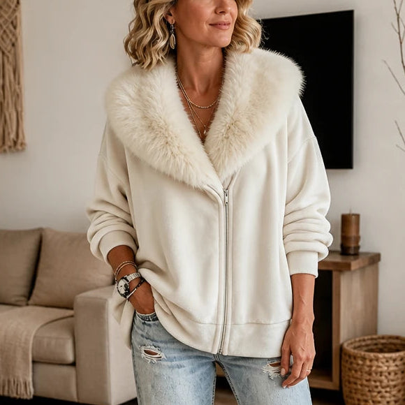 Dames Fluweel Nepbont Kraag Ritsjack in wit, Casual