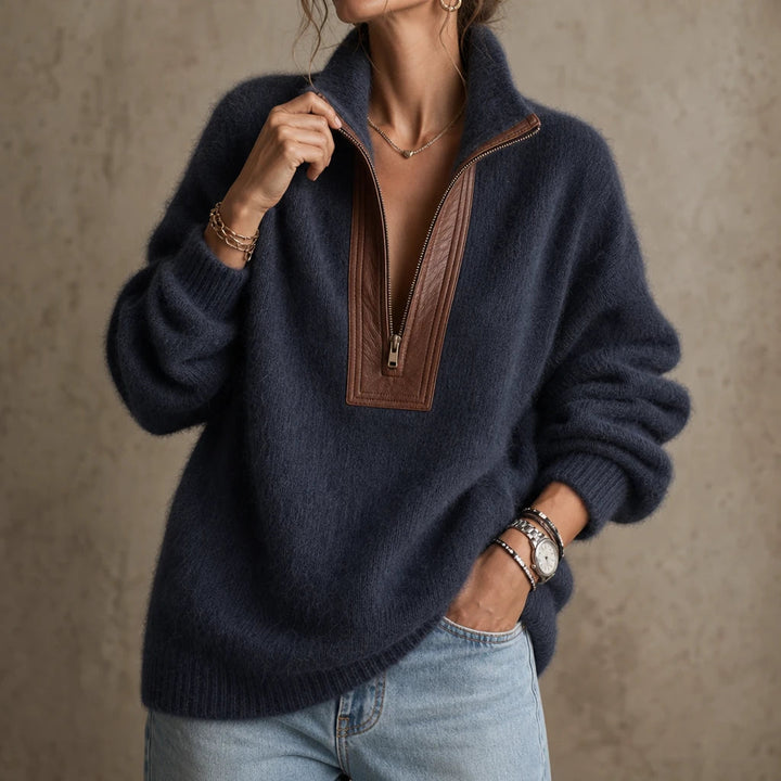 Dames Fuzzy Half-Zip Sweater in marineblauw, Contrast Afwerking