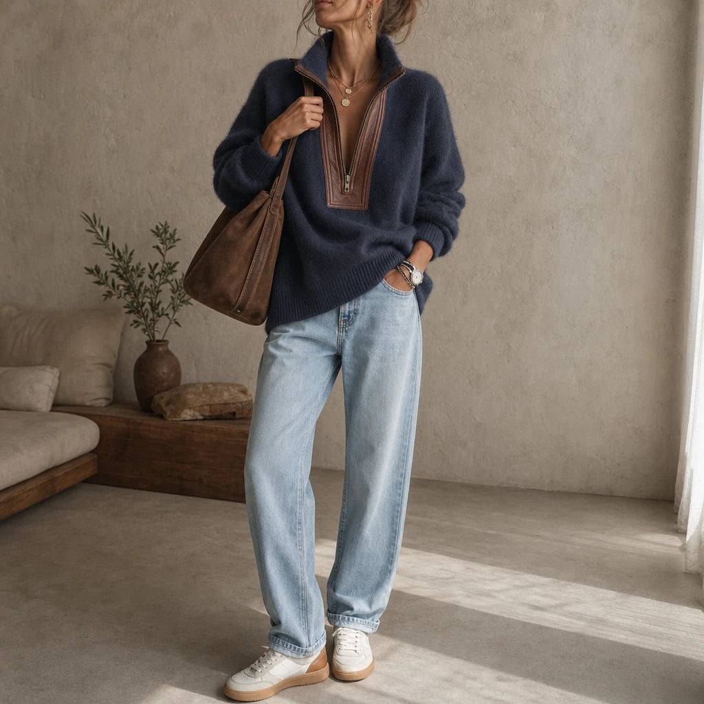 Dames Fuzzy Half-Zip Sweater - Contrast Afwerking