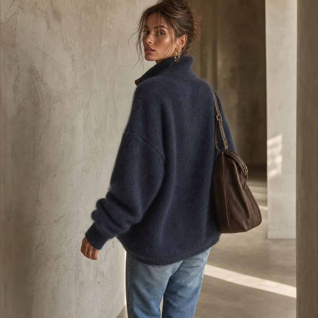 Dames Fuzzy Half-Zip Sweater - Contrast Afwerking