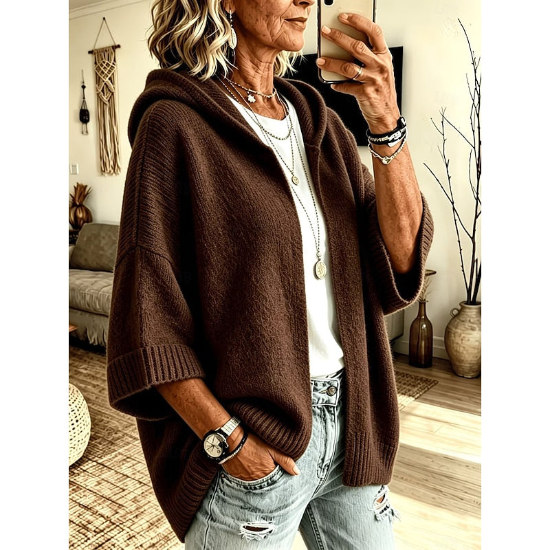 Dames Gebreide Cardigan met Kap in koffie, Comfortabele Oversized Fit
